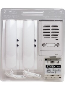 Kit in blister citofonico bifamiliare collegamento 4+2 conduttori con targa da esterno parete colore grigio luce